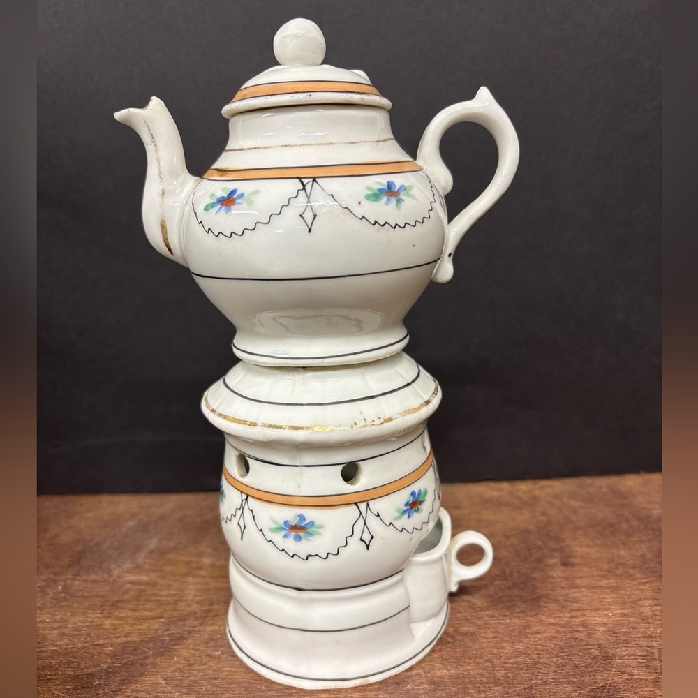 Antique White Ceramic Tisaniere Teapot Tea Warmer with Floral Design